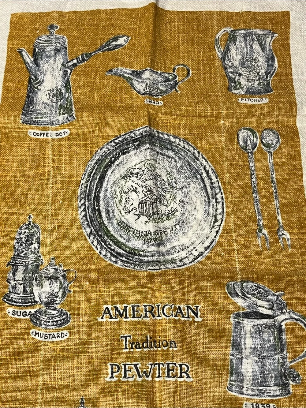 Vintage Kay Dee 100% Linen Hand Printed American Tradition Pewter Tea Towels